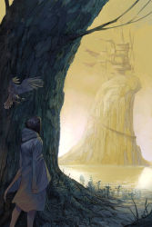 Rule 34 | androgynous, arms at sides, bird, brown hair, building, cliff, flying, fog, from behind, gender request, grass, hood, hood down, house, lake, long hair, original, reflection, robe, roots, sky, sleeves past wrists, solo, stairs, standing, tahra, tree, wide sleeves, windmill, yellow sky
