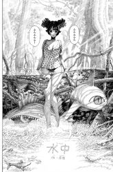 Rule 34 | 1girl, breasts, cleavage, clothes lift, crocodile, crocodilian, dress, fish, highres, imomonono, medium breasts, monochrome, parted lips, partially submerged, partially underwater shot, pixiv id, polka dot, polka dot dress, speech bubble, swamp, twintails, twitter username, underwater, water