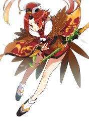 Rule 34 | 1girl, benienma (fate), fate/grand order, fate (series), feather trim, hat, japanese clothes, kabutomushi s, katana, kimono, long hair, low ponytail, red eyes, red hair, sheath, sheathed, short kimono, sword, weapon, white background, wide sleeves