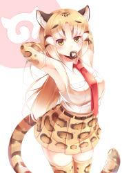 Rule 34 | 10s, 1girl, absurdres, animal ears, animal print, arched back, armpits, arms behind head, belt, blonde hair, brown hair, clouded leopard (kemono friends), commentary, cowboy shot, elbow gloves, gloves, hairdressing, hands in hair, highres, japari symbol, kanzakietc, kemono friends, leopard ears, leopard print, leopard tail, long hair, looking at viewer, mouth hold, multicolored hair, necktie, pleated skirt, print gloves, print skirt, print thighhighs, red necktie, scrunchie, shirt, simple background, skirt, sleeveless, sleeveless shirt, solo, striped tail, tail, thighhighs, white background, white shirt, zettai ryouiki