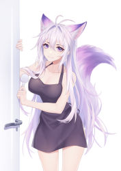 Rule 34 | 1girl, absurdres, animal ear fluff, animal ears, antenna hair, apron, breasts, cleavage, collarbone, extra ears, fox ears, fox girl, fox tail, grey hair, hair between eyes, highres, holding, kirby d a, long hair, looking at viewer, medium breasts, naked apron, purple eyes, simple background, smile, solo, spoon, tail, tail raised, translucent, very long hair, white hair