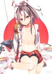 Rule 34 | 10s, 1girl, aircraft, airplane, arrow (projectile), bow (weapon), breasts, brown hair, collarbone, gloves, hachimaki, hair ribbon, headband, high ponytail, highres, iku ki, japanese clothes, kantai collection, kimono, long hair, looking at viewer, muneate, navel, nipples, open clothes, personification, ponytail, purple eyes, pussy, pussy peek, ribbon, sandals, signature, single glove, small breasts, solo, tabi, weapon, wide sleeves, zouri, zuihou (kancolle)