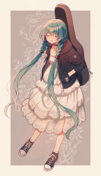 Rule 34 | 1girl, absurdres, alternate costume, amagi hana, bare legs, black choker, black jacket, border, braid, brown background, choker, closed eyes, commentary request, dress, floral background, frilled dress, frills, full body, guitar case, hatsune miku, highres, hood, hooded jacket, instrument case, jacket, charm (object), light smile, long hair, open clothes, open jacket, parted lips, shoes, sidelocks, simple background, smile, sneakers, socks, solo, spring onion, twin braids, twintails, very long hair, vocaloid, white dress, white footwear