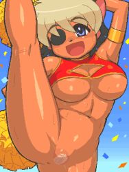 Rule 34 | 1girl, alicia priss, animal ears, anus, breasts, cheerleader, cyber connect 2, dark-skinned female, dark skin, dyed bangs, eyepatch, large breasts, leg lift, little tail bronx, lowres, nude, oekaki, pussy, solo, tail concerto, tenseiani, underboob
