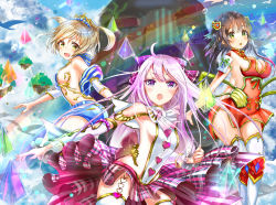 Rule 34 | 3girls, blonde hair, blush, breasts, brown hair, cleavage, detached sleeves, green eyes, green ribbon, keepout, large breasts, looking at viewer, multiple girls, open mouth, original, pink hair, pink skirt, plaid, plaid skirt, purple eyes, ribbon, sideboob, skirt, smile, thighhighs, white legwear