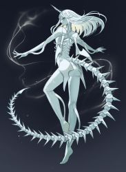 Rule 34 | 1girl, black background, blonde hair, blue eyes, blue hair, colored inner hair, fins, floating hair, from behind, highres, horns, looking at viewer, looking back, monster girl, multicolored hair, original, outstretched arms, ruteko (ruko220), sideways glance, single horn, skeletal tail, solo, spread arms, standing, standing on one leg, tail, twitter username, wings
