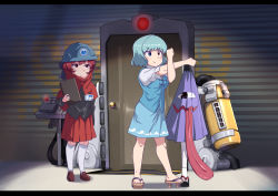Rule 34 | 2girls, black shirt, blue bow, blue eyes, blue hair, blue skirt, blue vest, bow, brown footwear, clipboard, cloak, closed mouth, commentary request, door, expressionless, fuka (kantoku), full body, geta, hair bow, hard hat, helmet, heterochromia, highres, holding, holding clipboard, karakasa obake, letterboxed, long sleeves, looking at another, monsters inc., multiple girls, name tag, red cloak, red eyes, red hair, red skirt, sekibanki, shirt, short hair, skirt, smile, stretching, tatara kogasa, tongue, touhou, umbrella, vest, white legwear, white shirt