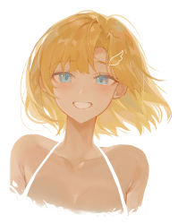 Rule 34 | 1girl, blonde hair, blue eyes, breasts, cleavage, collarbone, cropped torso, floating hair, halterneck, highres, hololive, hololive english, looking at viewer, misu (miisuuu), parted bangs, portrait, short hair, smile, solo, strap, teeth, virtual youtuber, watson amelia, white background