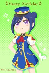 Rule 34 | 1girl, alternate hairstyle, animal print, artist name, artist request, bare legs, blue dress, blue hair, blue hat, blue skirt, blush, breasts, collared shirt, conductor, dress, earrings, eir gahaku, epaulettes, feathers, female focus, frog print, gloves, green background, hair between eyes, hair bun, hand on own hip, happy party train, hat, hat feather, jewelry, long hair, looking at viewer, love live!, love live! school idol festival, love live! sunshine!!, matsuura kanan, neckerchief, outstretched arm, parted lips, purple eyes, purple hair, red neckerchief, red skirt, shirt, short hair, short sleeves, sidelocks, single hair bun, skirt, small breasts, smile, solo, two side up, whistle, white feathers, white gloves, white skirt
