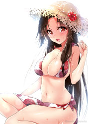 Rule 34 | 10s, 1girl, alternate costume, bare arms, bare legs, bare shoulders, bikini, blush, breasts, brown eyes, brown hair, cleavage, floral print, hair intakes, hat, jintsuu (kancolle), kantai collection, large breasts, long hair, looking at viewer, midriff, navel, open mouth, parted bangs, sarong, sasakuma kyouta, sideboob, sidelocks, sitting, skindentation, solo, stomach, straw hat, swimsuit, thighs