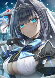 Rule 34 | 1girl, absurdres, black gloves, black tank top, bloodyblack, blue eyes, blue hair, breasts, chain, chain headband, cleavage, cleavage cutout, clothing cutout, gloves, head chain, highres, hololive, hololive english, jewelry, large breasts, looking at viewer, ouro kronii, ouro kronii (1st costume), shirt, short hair, sleeveless, sleeveless shirt, smile, snake, solo, tank top, virtual youtuber, white shirt