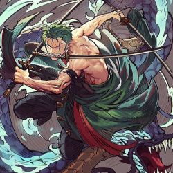 Rule 34 | 1boy, abs, bad id, bad pixiv id, collarbone, dragon, dynamic pose, earrings, fighting stance, full body, green hair, japanese clothes, jewelry, katana, kimono, light, looking at viewer, male focus, muscular, one piece, open clothes, open kimono, pectorals, roronoa zoro, runa (nori31291404), scar, solo, sword, tail, teeth, toned, toned male, tongue, topless male, weapon