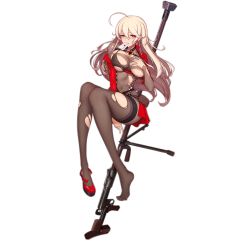 Rule 34 | 1girl, ahoge, anti-materiel rifle, blonde hair, blush, bodysuit, bolt action, breasts, collar, covering privates, covering breasts, damaged, earrings, evan yang, full body, garter straps, girls&#039; frontline, gun, high heels, jacket, jewelry, large breasts, letter, long hair, looking at viewer, mouth hold, official alternate costume, official art, pink eyes, ptrd-41, ptrd (girls&#039; frontline), rifle, shoes, single shoe, sniper rifle, solo, torn clothes, transparent background, valentine, very long hair, weapon