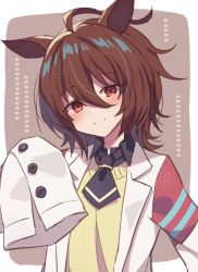 Rule 34 | 1girl, agnes tachyon (umamusume), ahoge, animal ears, black shirt, brown background, brown hair, closed mouth, collared shirt, hair between eyes, hand up, head tilt, horse ears, lab coat, long sleeves, looking at viewer, mauve, open clothes, red eyes, shirt, sleeves past fingers, sleeves past wrists, smile, solo, sweater vest, two-tone background, umamusume, upper body, white background