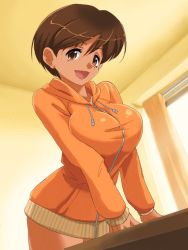 Rule 34 | 1girl, blz, breasts squeezed together, breasts, female focus, jacket, large breasts, short hair, smile, solo, super real mahjong, toono mizuki