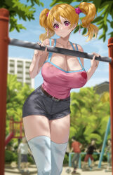 Rule 34 | 1girl, bare shoulders, belt, blonde hair, breasts, brown belt, cleavage, covered erect nipples, fresh precure!, fuooooo, grey shorts, highres, large breasts, momozono love, pink tank top, playground, precure, red eyes, short shorts, shorts, smile, tank top, thighhighs, twintails