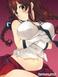 Rule 34 | 10s, 1girl, aqua eyes, bare arms, blush, braid, breast lift, breasts, brown hair, collarbone, crossed arms, elbow gloves, gloves, hair between eyes, kantai collection, large breasts, long hair, looking at viewer, navel, noshiro (kancolle), parted lips, pleated skirt, purple background, red skirt, sailor collar, simple background, skirt, solo, twin braids, twitter username, underbust, upper body, youmou usagi