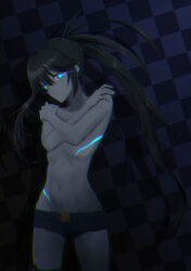 Rule 34 | 1girl, black hair, black rock shooter, black rock shooter: dawn fall, black rock shooter (character), black shorts, blue eyes, breasts, checkered background, collarbone, covering privates, covering breasts, cowboy shot, floating hair, glowing, glowing eye, groin, highres, kuthird346, long hair, micro shorts, navel, open mouth, shorts, sideboob, small breasts, solo, standing, topless, twintails, very long hair