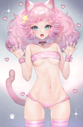 Rule 34 | 1girl, absurdres, animal ear fluff, animal ears, bandeau, bell, blue eyes, breasts, cat ears, cat girl, cat tail, choker, claw pose, cowboy shot, fangs, frilled panties, frills, gluteal fold, hair ornament, hands up, heart, highres, hitowa, jingle bell, long hair, looking at viewer, medium breasts, navel, neck bell, open mouth, original, panties, pink hair, pink panties, pink thighhighs, red choker, solo, standing, star (symbol), star hair ornament, stomach, striped clothes, striped thighhighs, tail, thighhighs, underboob, underwear, underwear only, wrist cuffs