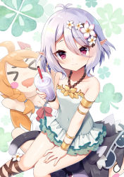 Rule 34 | 1girl, bangle, bare shoulders, blush, bracelet, bubble tea, character doll, closed mouth, collarbone, commentary request, covered navel, cup, disposable cup, drinking straw, feet out of frame, flower, green one-piece swimsuit, grey hair, hair between eyes, hair flower, hair ornament, hand on own leg, holding, holding cup, jewelry, karyl (princess connect!), karyl (summer) (princess connect!), knees together feet apart, kokkoro (princess connect!), kokkoro (summer) (princess connect!), looking at viewer, mauve, one-piece swimsuit, pecorine (princess connect!), pecorine (summer) (princess connect!), pink flower, pointy ears, princess connect!, red eyes, sitting, smile, solo, split mouth, swimsuit, twitter username, white background, white flower
