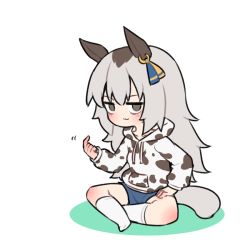 Rule 34 | 1girl, animal ears, animal print, beckoning, blue shorts, brown eyes, brown hair, chibi, colored shadow, commentary request, copyright request, cow print, drawstring, full body, grey hair, hair between eyes, hood, hood down, hoodie, kneehighs, kuroshiro gurei, long sleeves, multicolored hair, no shoes, print hoodie, puffy long sleeves, puffy sleeves, shadow, short shorts, shorts, simple background, sitting, sleeves past wrists, socks, solo, tail, two-tone hair, white background, white hoodie, white socks