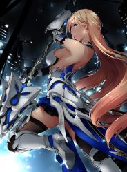 Rule 34 | 1girl, absurdres, armor, benghuai xueyuan, bianka durandal ataegina, bianka durandal ataegina (bright knight: excelsis), building, city, city lights, cityscape, high heels, highres, holding, holding polearm, holding spear, holding weapon, honkai (series), long hair, night, night sky, no bra, outdoors, polearm, scenery, sky, solo, spear, thighhighs, weapon, zen juraku