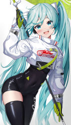 Rule 34 | 1girl, :d, absurdres, aqua hair, bib (bibboss39), black bodysuit, black thighhighs, blush, bodysuit, clothes writing, covered navel, cowboy shot, crop top, flag, hatsune miku, headphones, highres, holding, holding flag, leaning forward, long hair, looking at viewer, open mouth, racing miku, racing miku (2022), simple background, single thighhigh, smile, solo, thighhighs, twintails, very long hair, vocaloid, white background