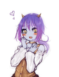 Rule 34 | 1girl, bare shoulders, blue skin, blush, buttons, choker, colored skin, demon, demon girl, detached sleeves, hantoumei namako, heart, horns, looking at viewer, open mouth, ponytail, purple hair, sharp teeth, simple background, slit pupils, smile, solo, teeth, upper body, white background, yellow eyes