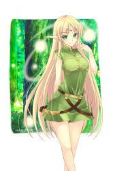 Rule 34 | 1girl, belt, blonde hair, deedlit, elf, forest, green eyes, hand on own face, highres, jewelry, long hair, looking at viewer, nature, pointy ears, record of lodoss war, sasaki akane, solo, very long hair
