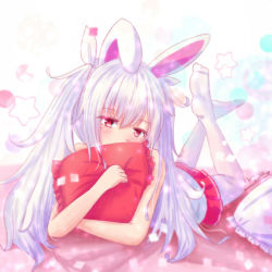 Rule 34 | 1girl, animal ears, azur lane, bed, bed sheet, commentary request, covering own mouth, hair ribbon, head tilt, hugging object, kemonomimi mode, laffey (azur lane), long hair, looking at viewer, lying, m ko (maxft2), on stomach, pantyhose, pillow, pillow hug, rabbit ears, red eyes, red skirt, ribbon, skirt, solo, twintails, white hair, white pantyhose