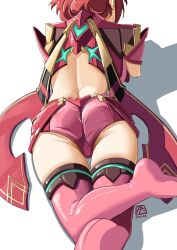Rule 34 | 1girl, ass, ass focus, automatic giraffe, crop top, head out of frame, highres, lying, pyra (xenoblade), short hair, short sleeves, thick thighs, thighs, thong, xenoblade chronicles (series), xenoblade chronicles 2