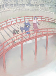Rule 34 | 3girls, 95-tan, akinbo (hyouka fuyou), arch, bad id, black hair, bridge, building, character request, dos, dos cat, eye contact, fog, hakama, hakama skirt, happy, high ponytail, highres, japanese clothes, kimono, long hair, looking at another, miko, multiple girls, nt-tan, original, os-tan, outdoors, pigeon-toed, red hakama, red skirt, river, scenery, shore, short kimono, silver hair, skirt, smile, standing, tabi, tree, very long hair, water, white legwear, wooden bridge