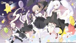 Rule 34 | &gt; &lt;, 4girls, :d, absurdres, aerial fireworks, anchor symbol, anniversary, armpits, arms up, ayanami (azur lane), azur lane, balloon, bare arms, bare shoulders, bird, black bow, black choker, black dress, black footwear, black gloves, black headwear, black ribbon, blonde hair, blue eyes, blush, boots, bow, breasts, chick, choker, cleavage, closed eyes, closed mouth, cloud, collarbone, commentary, copyright name, cross, cross-laced footwear, detached sleeves, dress, english commentary, evening gown, fireworks, flat chest, frills, full body, gloves, hair between eyes, hair bow, hair ornament, hair ribbon, hairclip, half gloves, halter dress, halterneck, hand on own chin, hands up, headgear, high heels, high ponytail, highres, holding, holding balloon, javelin (azur lane), knee boots, lace-up boots, laffey (azur lane), light brown hair, logo, long hair, long sleeves, manjuu (azur lane), medium breasts, medium hair, midair, multicolored clothes, multicolored dress, multiple girls, navel, night, night sky, official alternate costume, official art, open mouth, panties, ponytail, purple hair, rainbow, red eyes, red footwear, ribbon, see-through, see-through dress, see-through sleeves, shirt, shoes, sidelocks, sky, sleeveless, sleeveless dress, small breasts, smile, smoke, spaghetti strap, star (sky), star (symbol), thigh strap, thighhighs, twintails, umbrella, underwear, very long hair, vilor, white dress, white hair, white shirt, white thighhighs, z23 (azur lane)