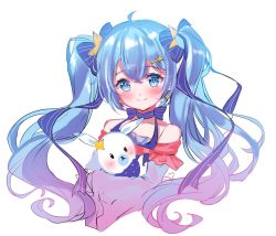 Rule 34 | 1girl, animal, bare shoulders, blue dress, blue eyes, blue hair, blue ribbon, blue sleeves, blush, collarbone, commentary, cropped torso, detached sleeves, dress, earrings, hair ornament, hair ribbon, hairclip, hatsune miku, highres, holding, holding animal, jewelry, long hair, looking at viewer, neck ribbon, rabbit, rabbit yukine, ribbon, sketch, smile, star (symbol), star earrings, star hair ornament, striped ribbon, taru 7252, twintails, upper body, very long hair, vocaloid, white background