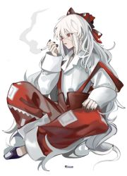 Rule 34 | 1girl, bad id, bad twitter id, black footwear, black nails, blouse, bow, cigarette, collared shirt, commentary, eyebrows hidden by hair, fingernails, fujiwara no mokou, full body, hair between eyes, hair bow, hand up, highres, holding, holding cigarette, indian style, long hair, long sleeves, looking afar, nail polish, ofuda, ofuda on clothes, pants, parted lips, red bow, red eyes, red pants, shirt, shoes, simple background, sitting, sleeve cuffs, smoke, smoking, solo, suspenders, tokinhr, touhou, very long hair, white background, white hair, white shirt