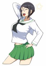 Rule 34 | 1girl, ;d, alternate costume, arm behind head, arm up, black eyes, black hair, blouse, chouno ami, commentary request, cowboy shot, cropped legs, girls und panzer, green skirt, hand on own hip, highres, long sleeves, looking at viewer, midriff, midriff peek, miniskirt, navel, neckerchief, one eye closed, ooarai school uniform, open mouth, pleated skirt, sailor collar, school uniform, serafuku, shirt, short hair, simple background, skirt, smile, solo, standing, star (symbol), swept bangs, white background, white sailor collar, white shirt, yougata