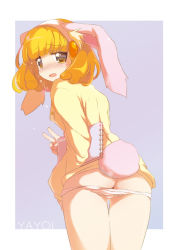 Rule 34 | 10s, 1girl, animal ears, ass, blonde hair, blush, book, rabbit ears, rabbit tail, butt crack, character name, fake animal ears, from behind, grey background, hairband, haruna mahiru, highres, hood, hoodie, kise yayoi, looking back, open mouth, panties, precure, short hair, smile precure!, solo, tail, tears, underwear, undressing, v, white hairband, yellow eyes