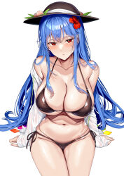 Rule 34 | 1girl, bikini, black bikini, black eyes, blue hair, blush, breasts, cleavage, closed mouth, collarbone, cowboy shot, fingernails, flower, fruit hat ornament, groin, hair flower, hair ornament, hat, hat ornament, highres, hinanawi tenshi, jacket, large breasts, long hair, looking at viewer, navel, neropaso, open clothes, open jacket, peach hat ornament, red eyes, red flower, simple background, solo, swimsuit, touhou, white background, white jacket