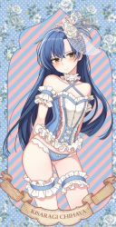 Rule 34 | 1girl, 72producer, armband, arms behind back, blue hair, blush, breasts, brown eyes, character name, contrapposto, corset, cowboy shot, criss-cross halter, flower, frilled panties, frills, hair between eyes, halterneck, halterneck, idolmaster, idolmaster (classic), kisaragi chihaya, bridal garter, long hair, multiple girls, panties, ribbon, rose, small breasts, solo, standing, striped, striped background, underwear, white flower, white rose
