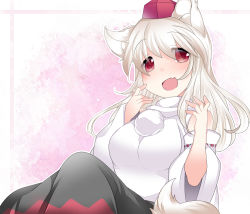 Rule 34 | 1girl, alternate hair length, alternate hairstyle, animal ears, bare shoulders, blush, detached sleeves, fang, hammer (sunset beach), hat, inubashiri momiji, long hair, looking at viewer, open mouth, red eyes, skirt, smile, solo, tail, tokin hat, touhou, white hair, wolf ears, wolf tail