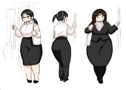 Rule 34 | 3girls, black hair, breasts, brown hair, business suit, formal, glasses, kjmvideo, medium breasts, multiple girls, office lady, original, plump, suit, thick thighs, thighs, train
