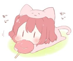 Rule 34 | 10s, 1girl, animal costume, animal hood, bad id, bad twitter id, blush, candy, cat costume, cat hood, chibi, commentary request, eating, female focus, flat color, food, full body, hood, kurosawa ruby, lollipop, love live!, love live! sunshine!!, lying, on stomach, red hair, saku usako (rabbit), solid eyes, solo, two side up, white background, | |