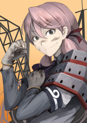 Rule 34 | 10s, 1girl, akashi (kancolle), armor, bras d&#039;honneur, dirt, dirty, dirty face, gloves, green eyes, hetza (hellshock), kantai collection, long hair, looking at viewer, pink hair, rosie the riveter, school uniform, smile, solo, we can do it!