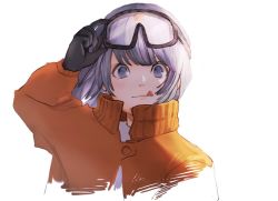 Rule 34 | 1girl, :q, black gloves, blue eyes, blue hair, blunt bangs, blush, coat, commentary request, gloves, hand on goggles, hand up, highres, long sleeves, looking at viewer, orange coat, original, sako (35s 00), shirt, short hair, simple background, smile, solo, tongue, tongue out, v-shaped eyebrows, white background, white shirt