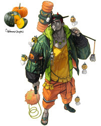 Rule 34 | 1boy, absurdres, colored skin, drawstring, ear piercing, earrings, full body, green jacket, grey skin, highres, holding, holding mallet, hood, hood down, jacket, jewelry, long sleeves, mallet, necklace, orange pants, original, pants, personification, piercing, print shirt, pumpkin, red hair, rinotuna, sandals, scar, shirt, simple background, solo, standing, white background, yellow shirt