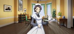 Rule 34 | 1girl, artist request, ascot, banana, black ascot, book, bookshelf, breasts, brown hair, chair, closed mouth, code geass, code geass: lost stories, collared shirt, cowboy shot, cup, curtains, dress, female focus, flower, food, fruit, game cg, grey shirt, hand up, happy, highres, holding, holding tray, indoors, lamp, layered sleeves, long sleeves, looking at viewer, maid, maid headdress, non-web source, official art, orange (fruit), orange eyes, painting (object), photo (object), picture frame, plant, plate, potted plant, rose, saucer, shinozaki sayoko, shirt, short hair, short over long sleeves, short sleeves, sidelocks, small breasts, smile, solo, standing, table, teacup, teapot, tray, white dress, window, wooden floor, yellow flower, yellow rose