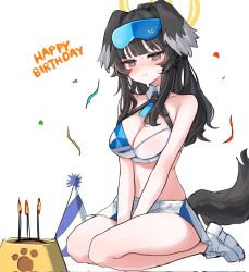 Rule 34 | 1girl, :i, animal ears, between legs, black hair, blue archive, blush, bowl, breasts, cheerleader, cleavage, confetti, crop top, danbal, dog ears, dog girl, dog tail, halo, hand between legs, happy birthday, hat, hibiki (blue archive), hibiki (cheer squad) (blue archive), highres, long hair, medium breasts, millennium cheerleader outfit (blue archive), miniskirt, party hat, pet bowl, pleated skirt, ponytail, purple eyes, sitting, skirt, solo, sweat, tail, white background