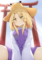 Rule 34 | 1girl, absurdres, blonde hair, blush, breasts, closed mouth, commentary, daru (kumakumadon), day, dot nose, forehead, hat, highres, light rays, long sleeves, looking down, medium hair, moriya suwako, parted bangs, pout, purple skirt, purple vest, shirt, sidelocks, sitting, skirt, small breasts, solo, sunbeam, sunlight, thighs, torii, touhou, vest, white shirt, white sleeves