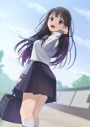 Rule 34 | 1girl, adjusting hair, bag, black hair, black sailor collar, black skirt, blouse, blue neckerchief, blue sky, blurry, blurry background, breasts, chitanda eru, cloud, commentary, day, depth of field, dutch angle, hand in own hair, hand up, highres, holding, holding bag, hyouka, kamille (vcx68), kamiyama high school uniform (hyouka), kneehighs, kneepits, long hair, long sleeves, looking at viewer, medium breasts, miniskirt, neckerchief, open mouth, outdoors, pleated skirt, purple eyes, sailor collar, school bag, school uniform, serafuku, shirt, skirt, sky, smile, socks, solo, standing, straight hair, thighs, white shirt, white socks