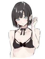 Rule 34 | 1girl, atenaba, bare arms, black bra, black ribbon, blue eyes, bra, brown hair, commentary request, detached collar, ear piercing, earrings, highres, jewelry, looking at viewer, neck ribbon, original, parted lips, piercing, ribbon, short hair, simple background, solo, underwear, upper body, white background, wings